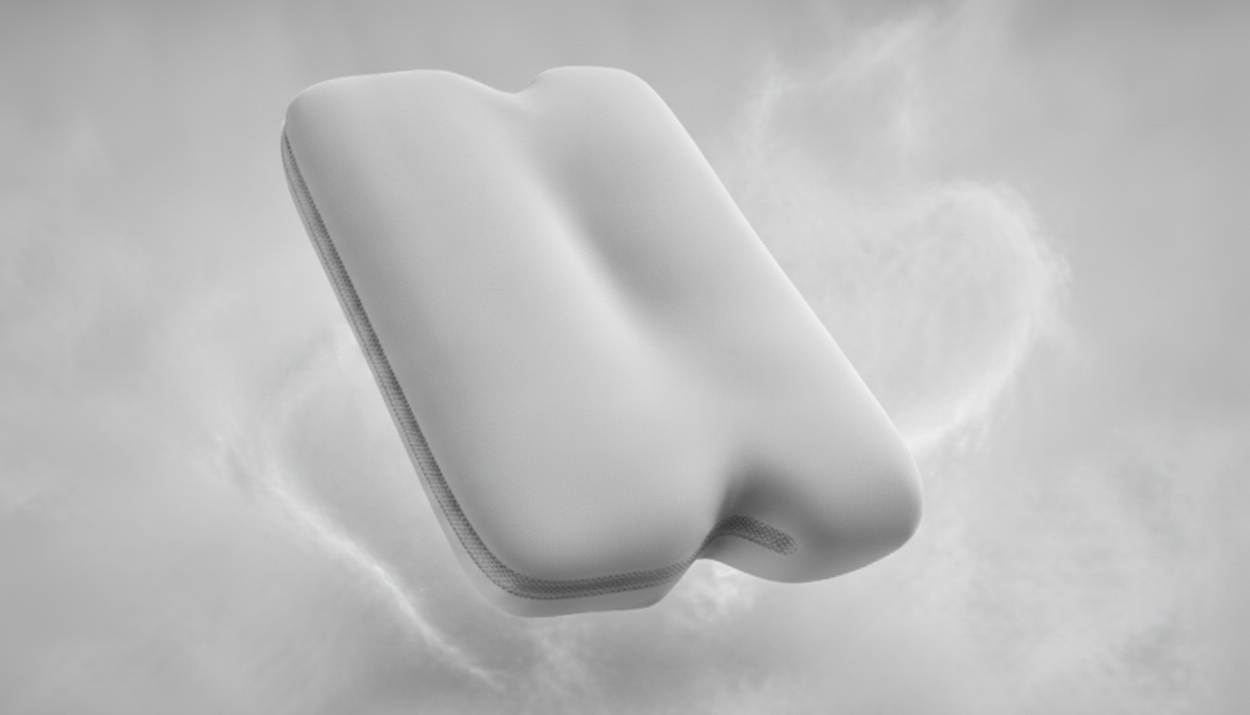 A white ergonomic cushion or pillow with a smooth, curved surface, floating against a soft, light gray background with faint heart-shaped light effects.